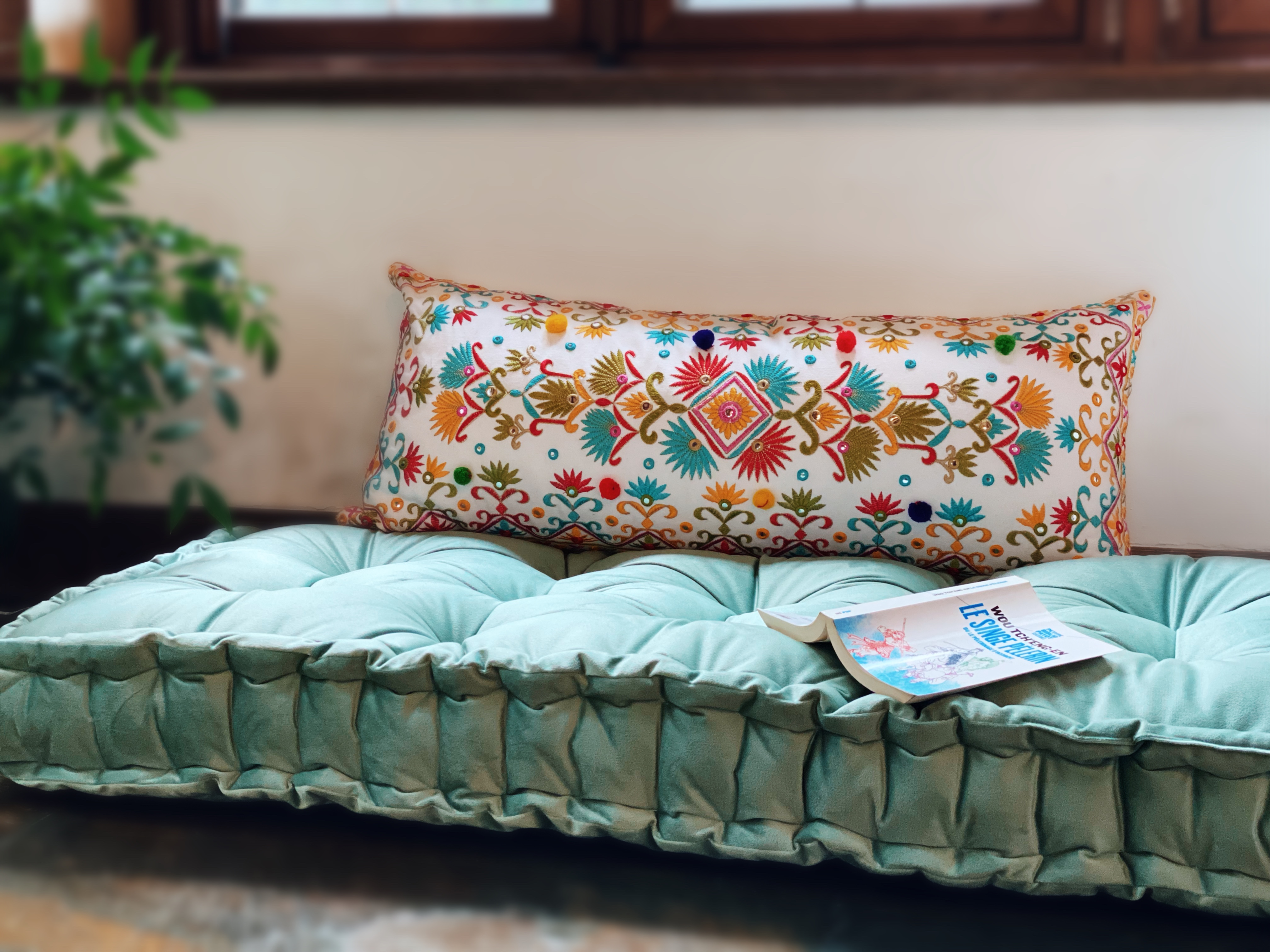 Grateful Home — Custom Sofa Cushion in Peacock Velvet, Tufted French  Mattress for Window Seat or Daybed