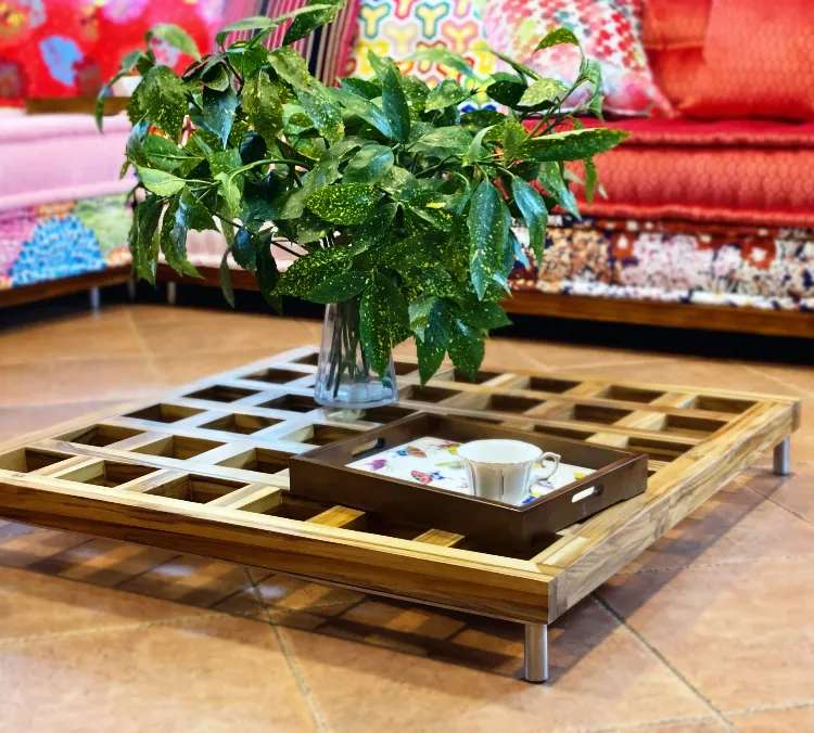 Natural Teak Wood Base / Level Coffee Table - Big Checkerboard Holes 